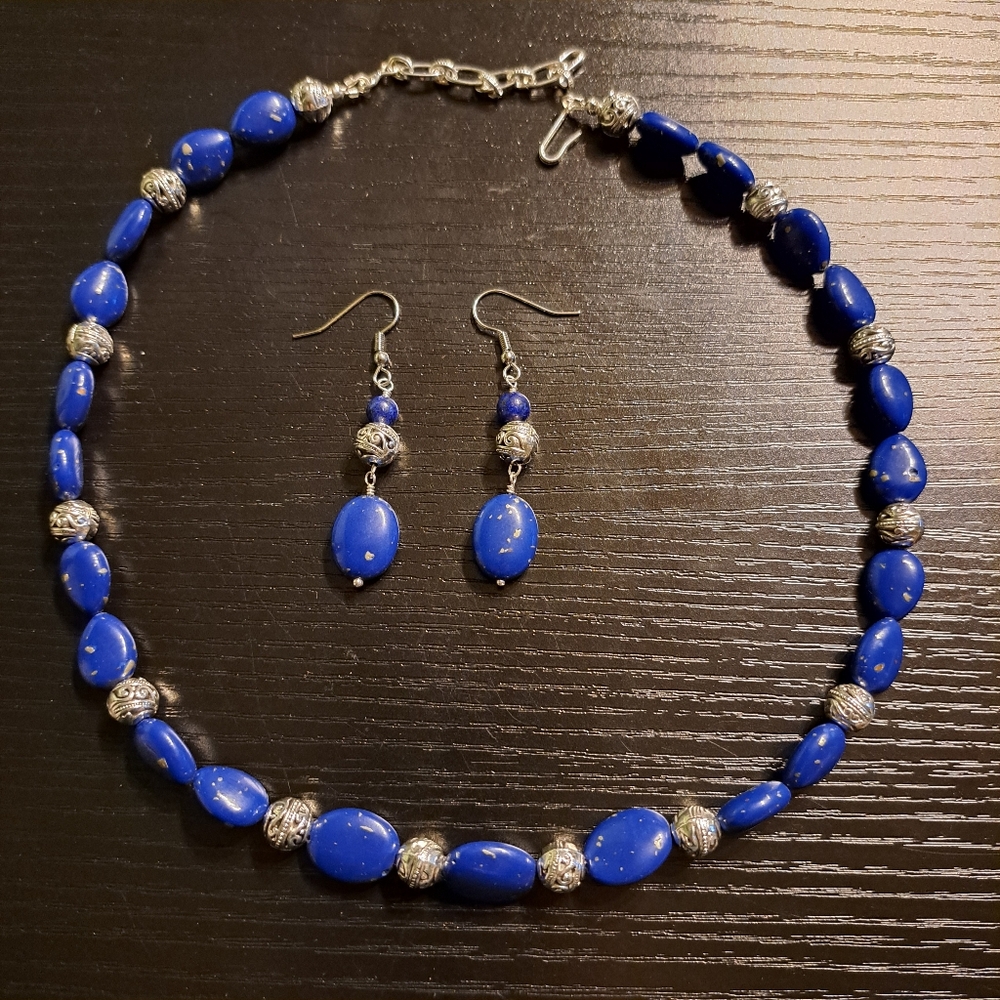 Lapis Lazuli Simulant,& Antique Silver Beaded Necklace & Earring Stainless Hooks